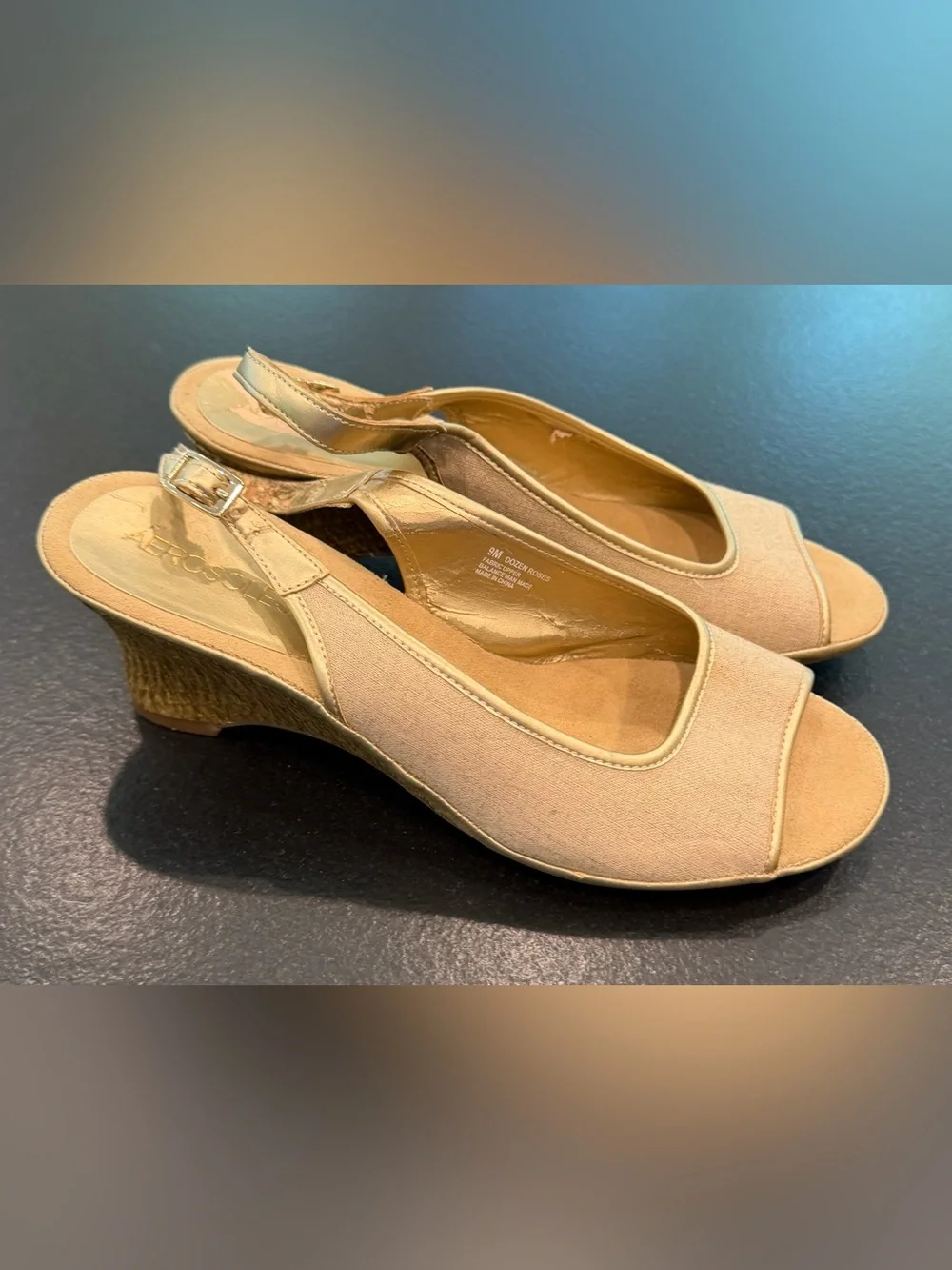 Aerosoles Dozen Roses Gold Linen Slingback Wedge Peep Toe Sandals 9M